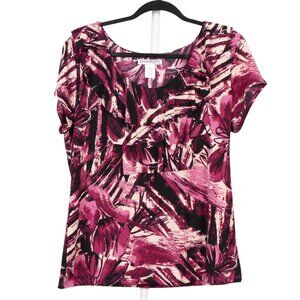 Claudia Richard Shirt L Womens Floral Short Sleeve Top Pink Black Ruffle VTG USA